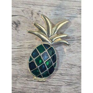 Gold-Tone Green Enamel Pineapple Brooch Pin Friendship Hospitality Tropical